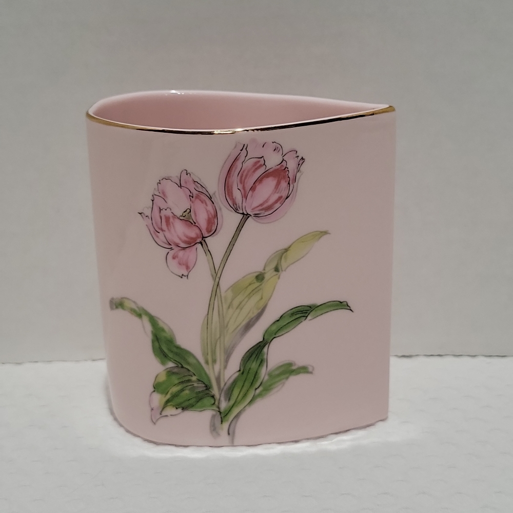 Vintage 1950s Japan Pink porcelain planter vase trinket floral signed.